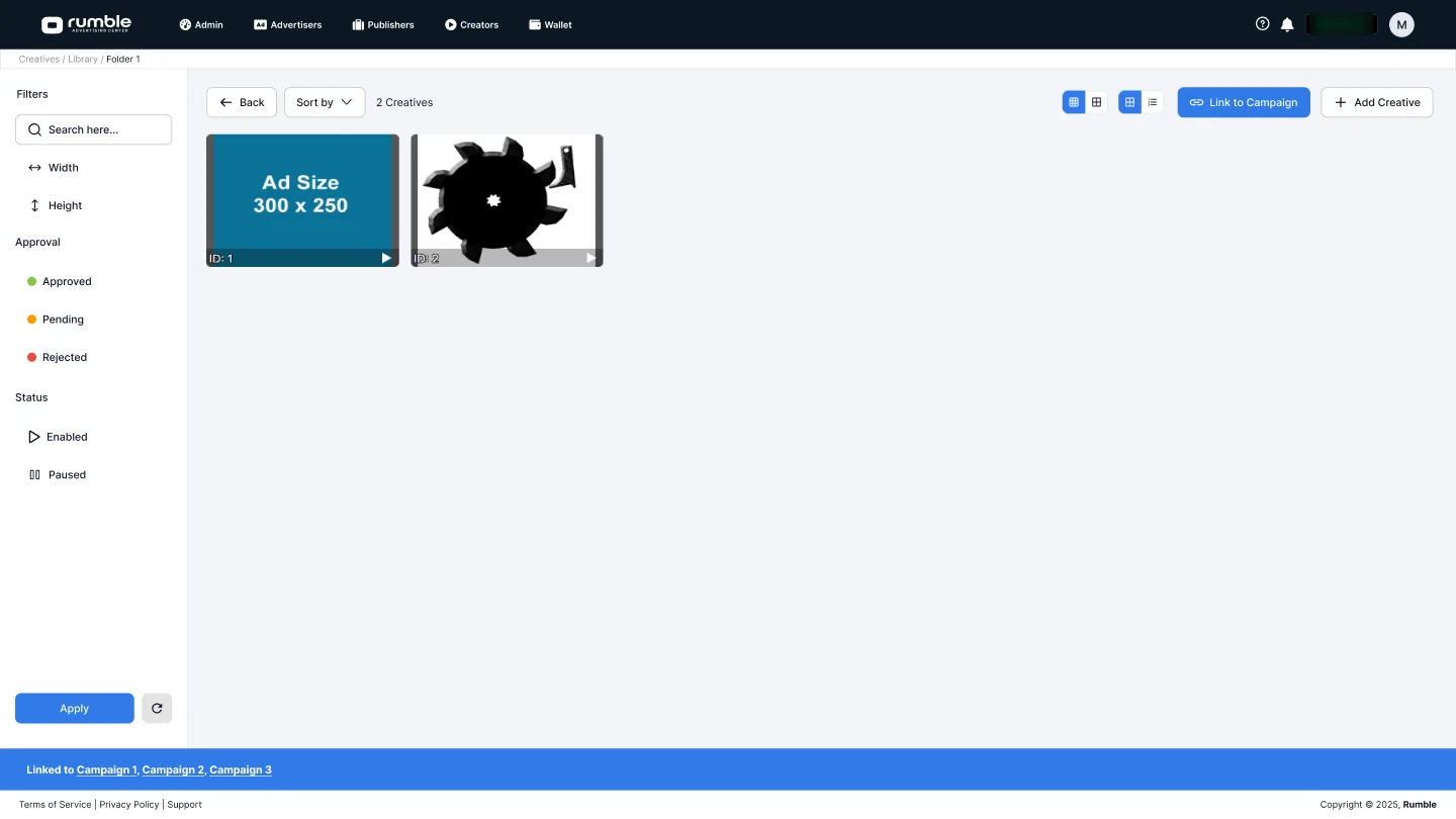 Inside a folder: creatives and a bar listing their linked campaigns.
