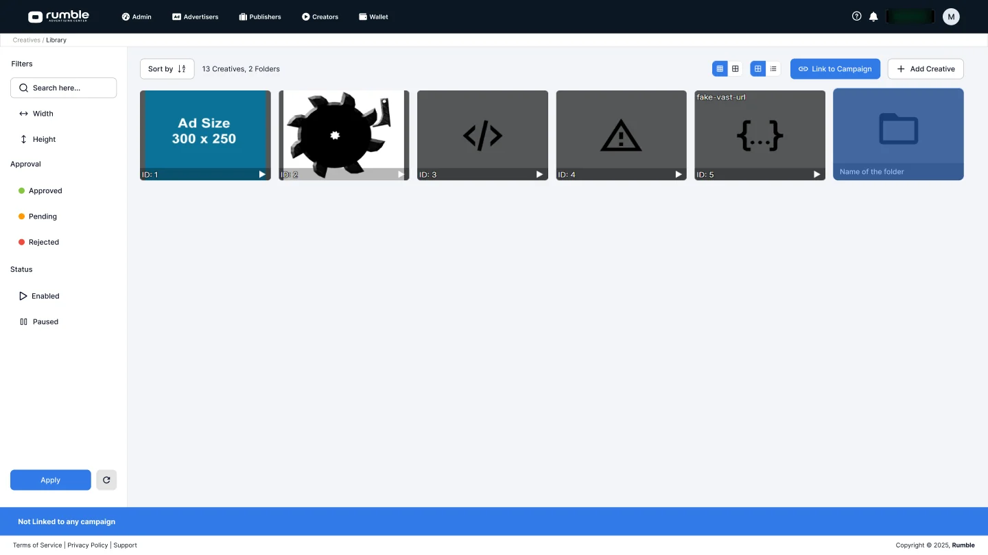 Creatives library with a folder card, sort control and a Link to Campaign button.