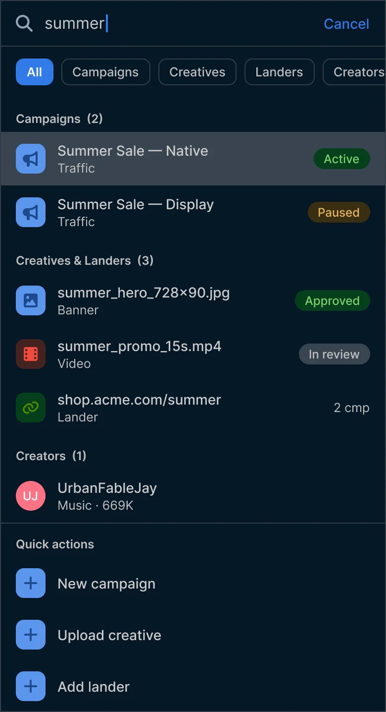 Mobile full-screen search sheet in dark mode.