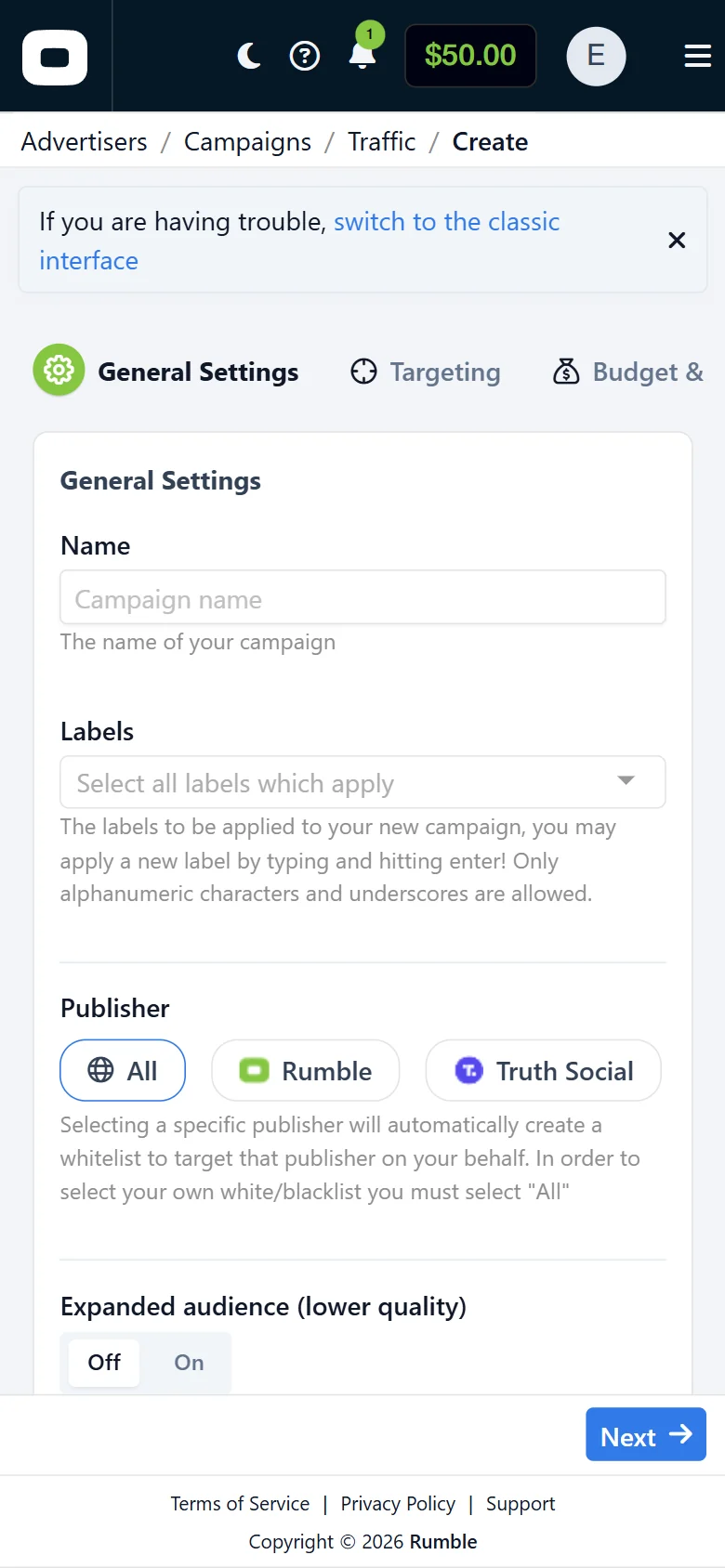 Redesigned campaign builder on a phone: a stepper with general settings and publisher choice.