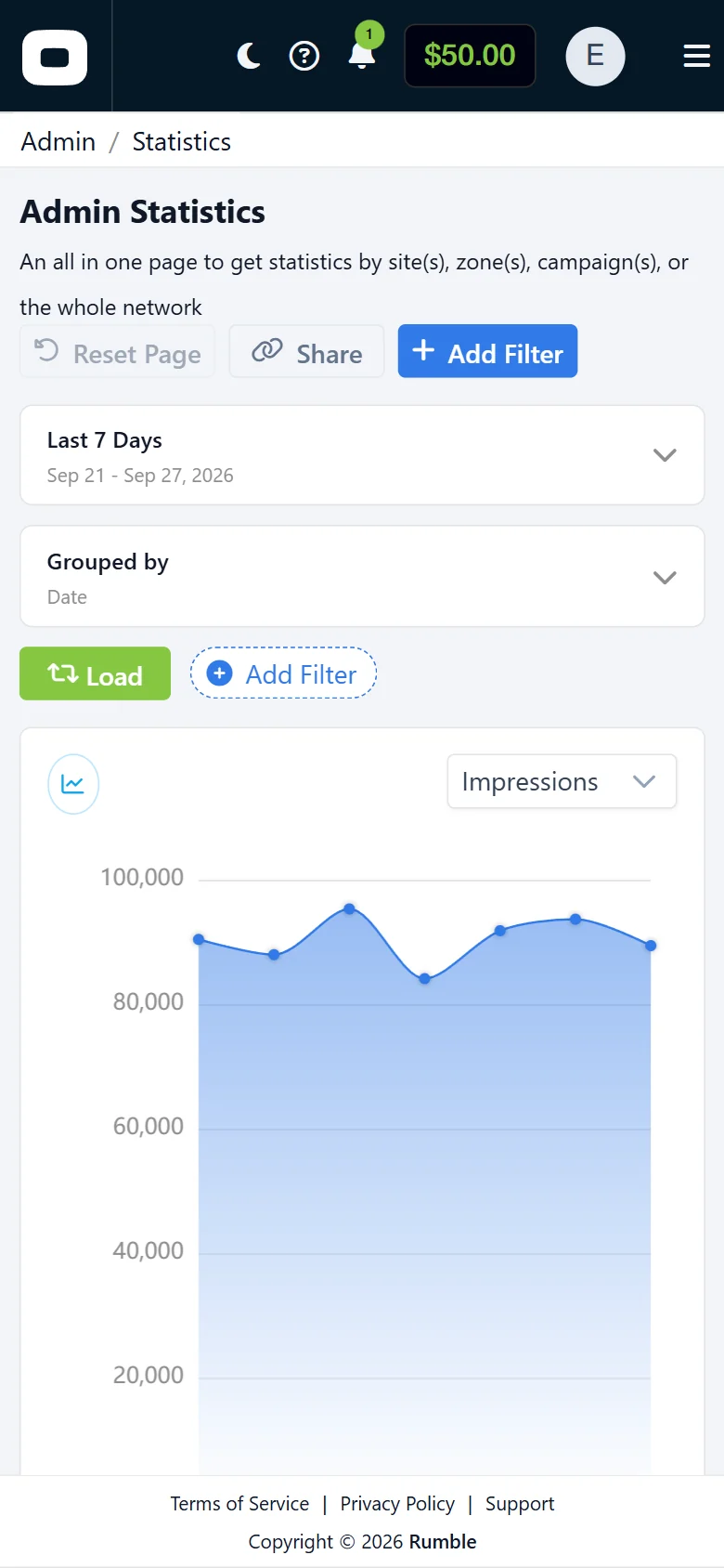 Redesigned statistics on a phone: date range, grouping and a chart card.