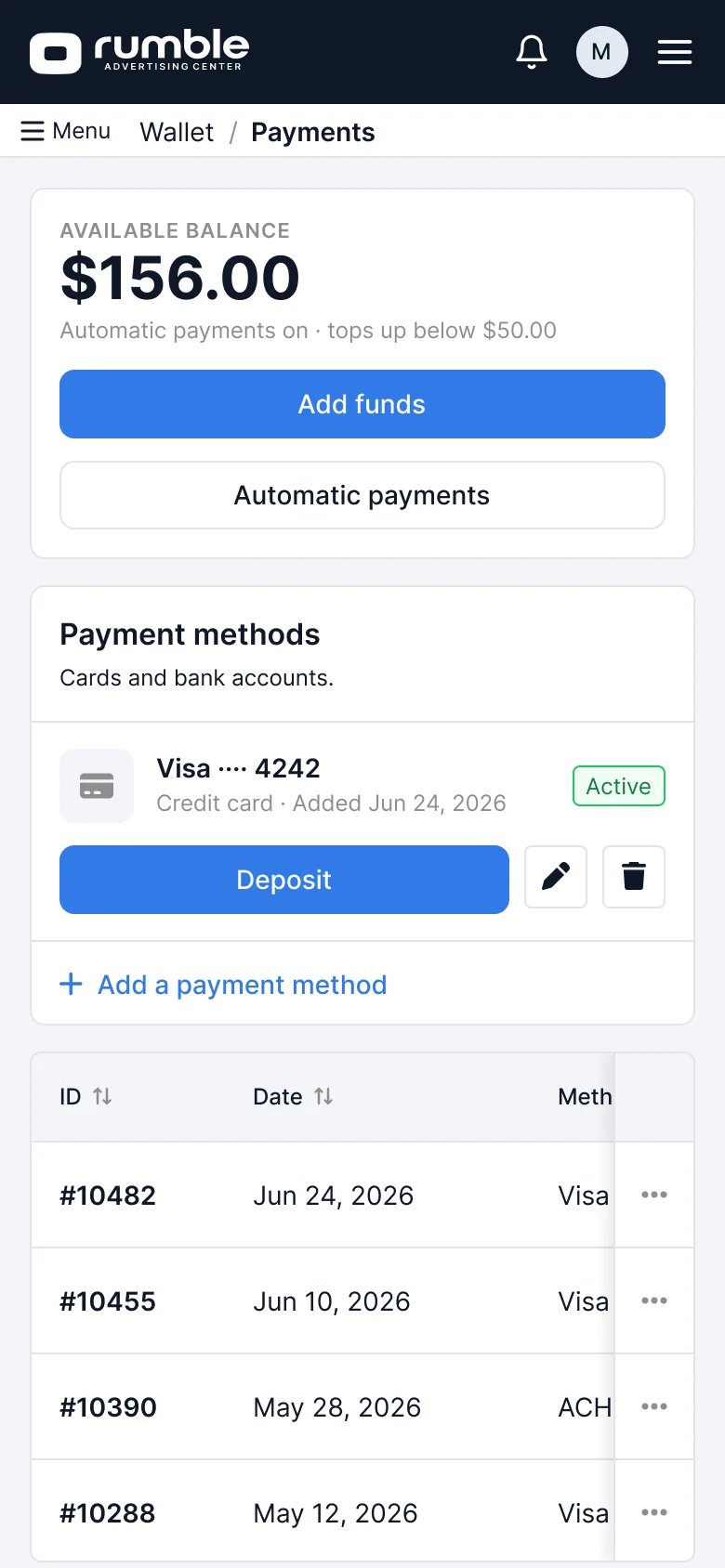 Redesigned wallet on a phone: balance, add funds and payment methods.