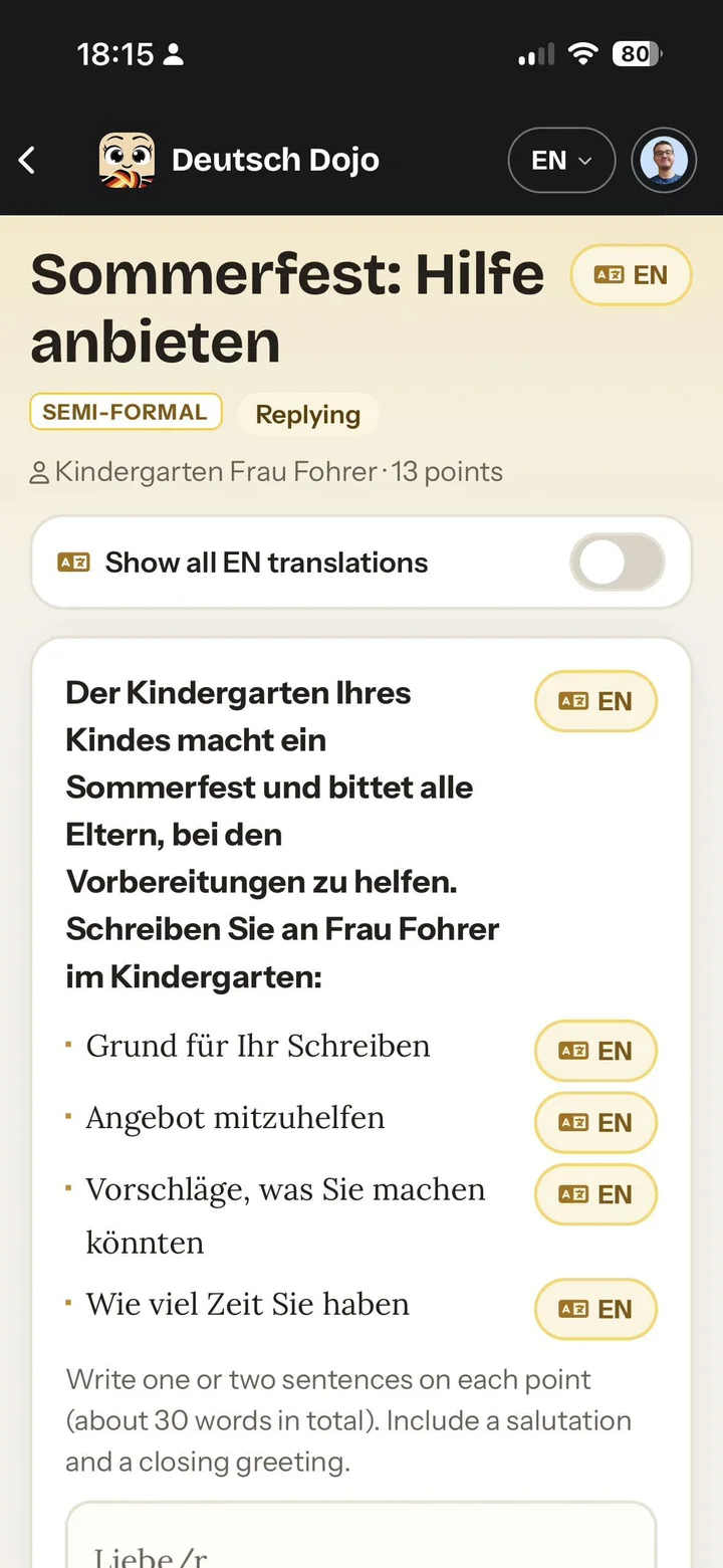 Deutsch Dojo mobile — daily German practice