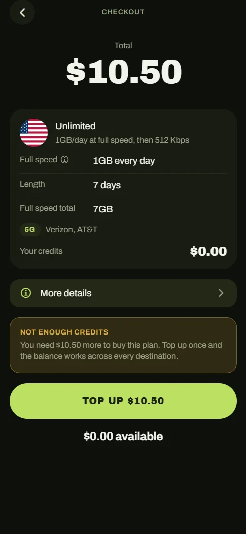 Checkout — exact total, credits applied, no surprises