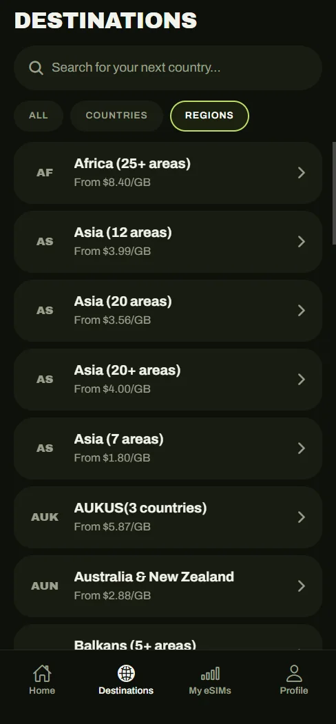 Destinations — browse every country and regional bundle
