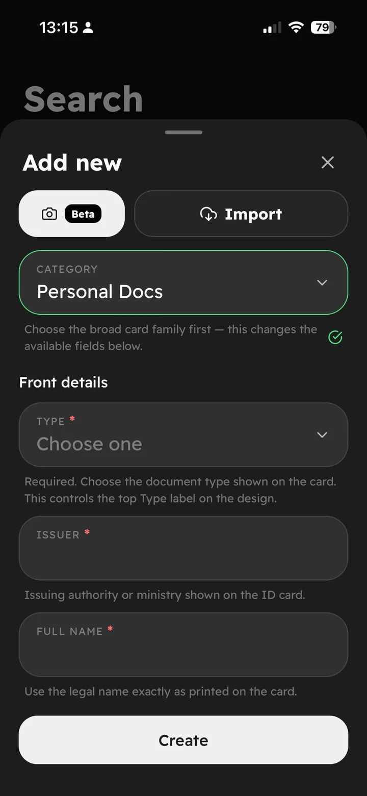 Add new — scanner (beta), import, and typed templates