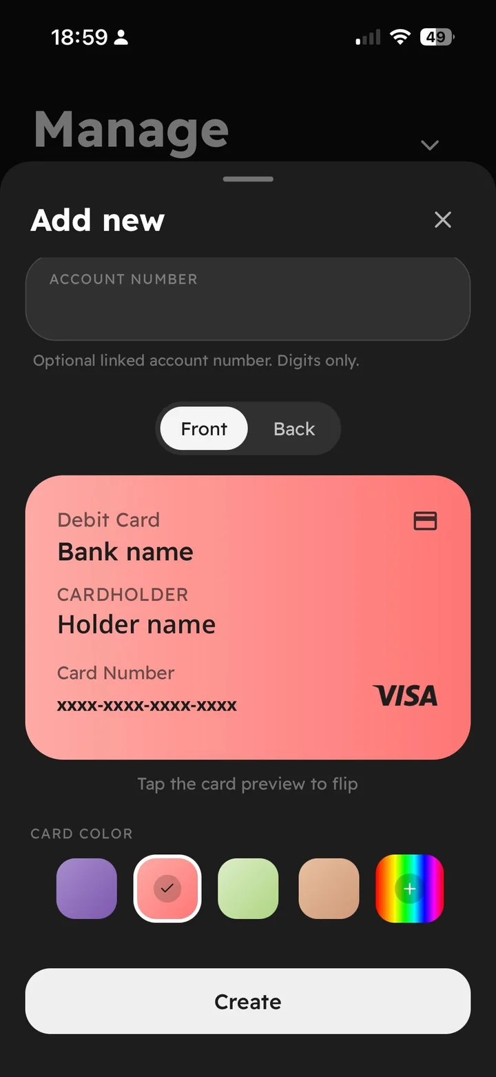 Card designer — colors, front & back, custom fields
