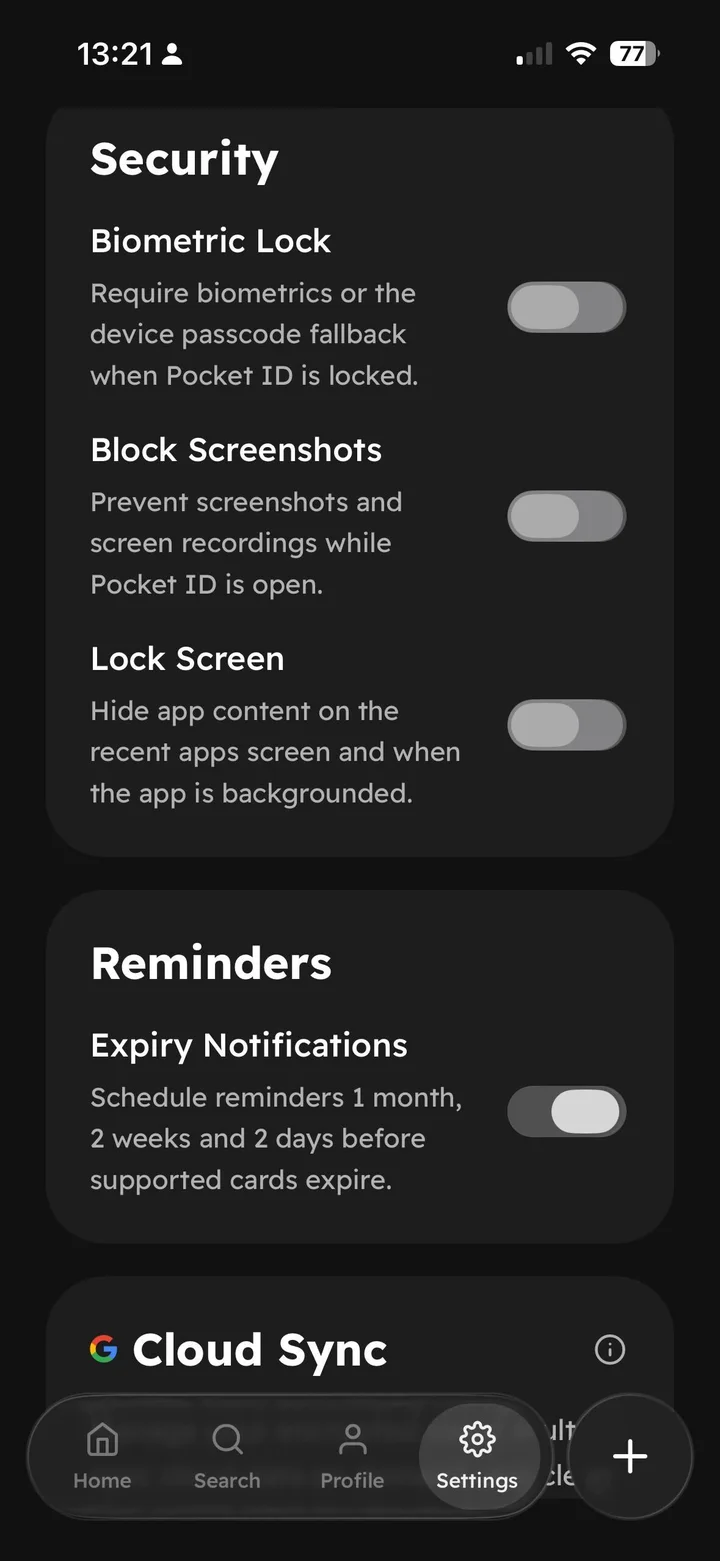 Security — biometric lock, screenshot blocking
