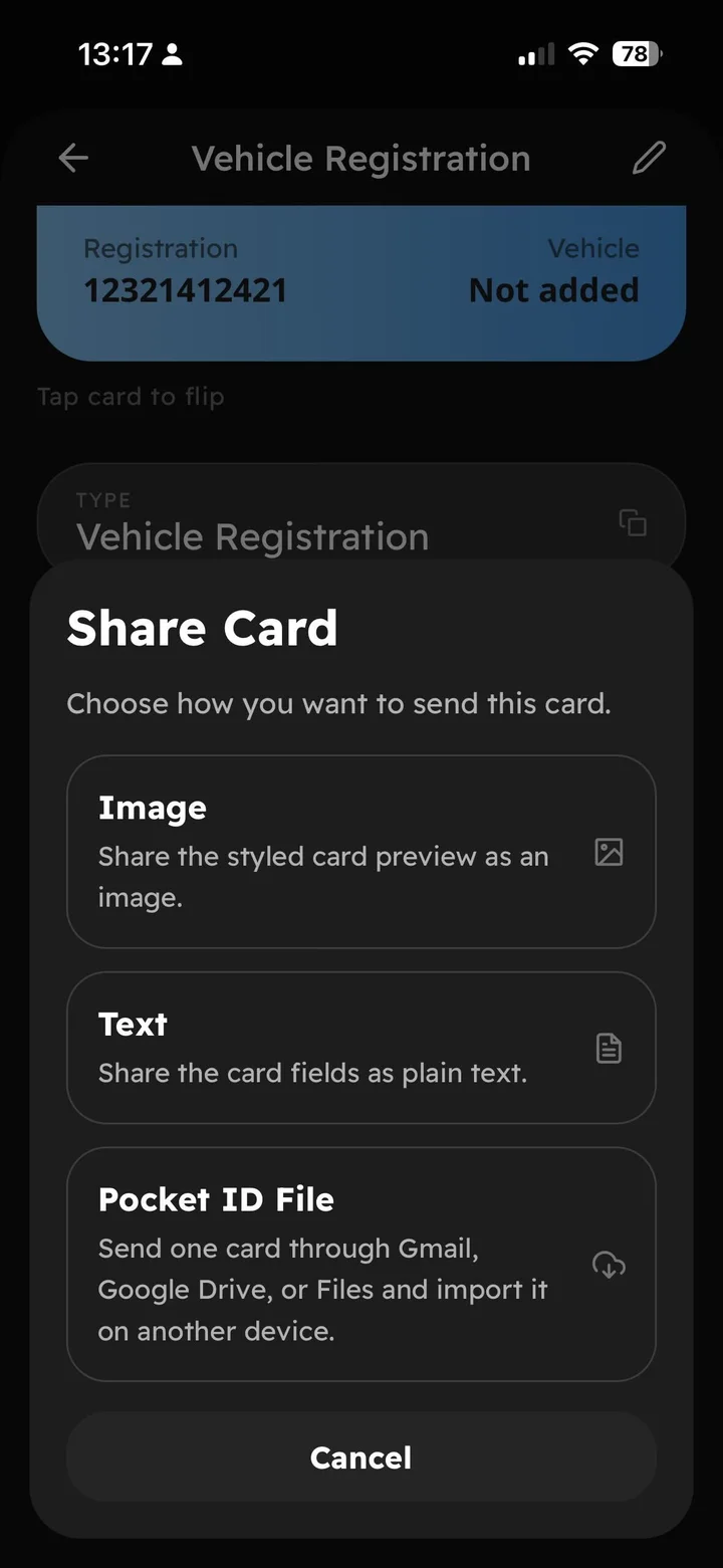 Share — image, plain text, or a .pocketid file